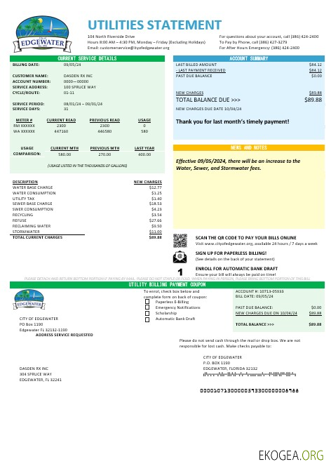Modèle de facture de services publics de la ville d'Edgewater, États Unis, Floride, aux formats Word et PDF